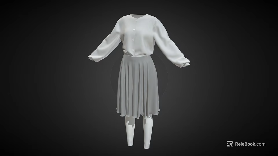 Elegant White Shirt With Grey Pleated Skirt Women's Fashion Outfit 3d model 