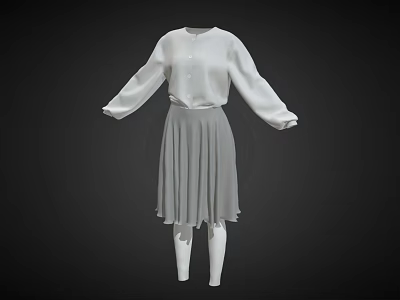 Elegant White Shirt With Grey Pleated Skirt Women's Fashion Outfit 3d model