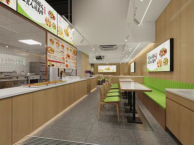 Modern Restaurant Interior Design With Wooden Walls Green Seats Long Tables And Open Kitchen 3d model