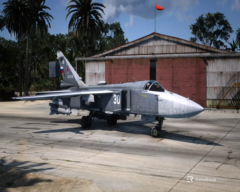 Gray Military Fighter Jet Number 30 Parked On Tarmac Near Hangar 3d model 