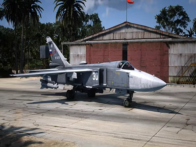 Gray Military Fighter Jet Number 30 Parked On Tarmac Near Hangar 3d model