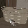 Light Wooden Oval Bathtub With Handles And Small Cat In Modern Interior Room