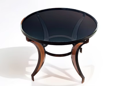 Round Coffee Table With Black Glass Top And Elegant Wooden Legs 3d model