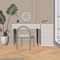 Modern Dressing Table Interior With Round Mirror Storage Drawers Cosmetics And Green Plant