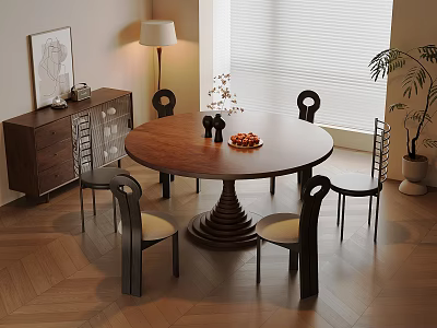 Stylish Dining Room With Round Wooden Table Black Chairs Cabinet And Plant 3d model