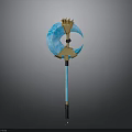 Fantasy Magical Weapon Design With Blue Crescent Blade And Golden Crown Top