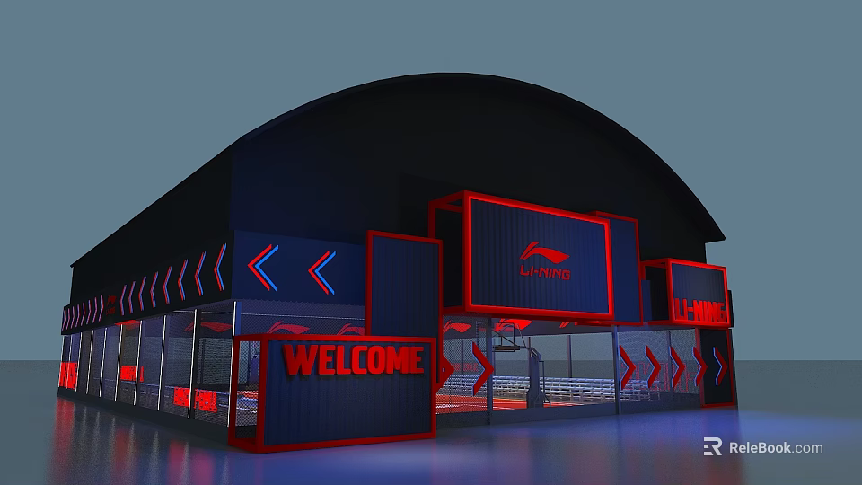 Modern Basketball Gym Exterior With Dark Red Design LI-NING Logo Welcome Sign And Arrow Decorations 3d model 