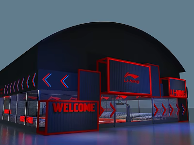 Modern Basketball Gym Exterior With Dark Red Design LI-NING Logo Welcome Sign And Arrow Decorations 3d model
