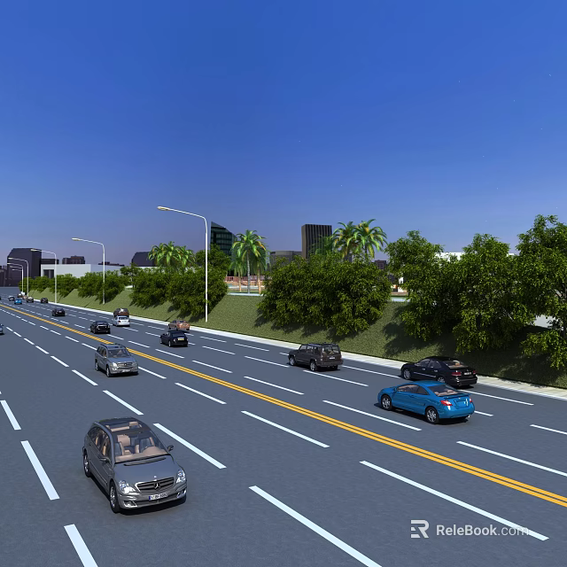 Urban Road Infrastructure With Multiple Lanes Street Lights Green Trees And Vehicles In Cityscape 3d model 