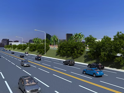 Urban Road Infrastructure With Multiple Lanes Street Lights Green Trees And Vehicles In Cityscape 3d model