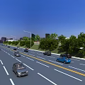 Urban Road Infrastructure With Multiple Lanes Street Lights Green Trees And Vehicles In Cityscape