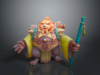 3D Fantasy Bear Character With Orange Fur Braided Hair Yellow Robe And Blue Staff 3d model