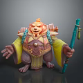 3D Fantasy Bear Character With Orange Fur Braided Hair Yellow Robe And Blue Staff