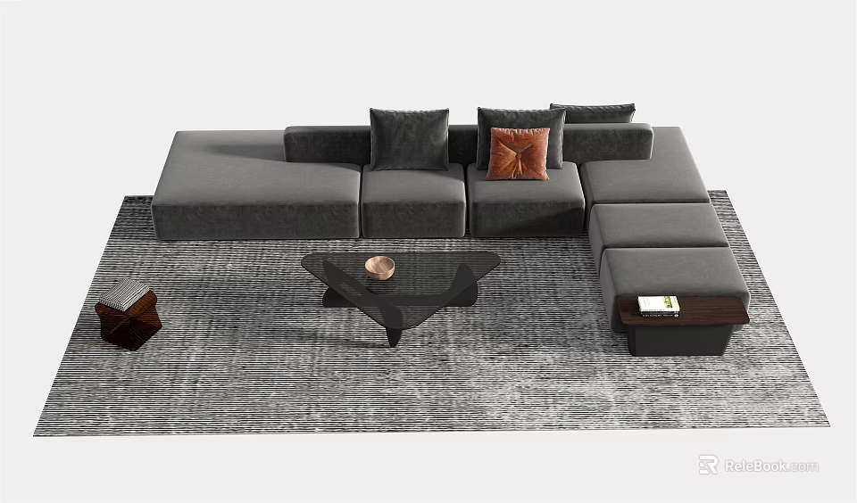 Modern L shaped Gray Sofa with Accent Pillows and Black Glass Coffee Table Set 3d model