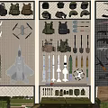 Assorted Weapons and Military Gear Display with Guns Aircraft Models Helmets Backpacks and Crates