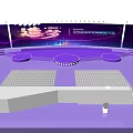 Modern Conference Hall With Purple Screen Black Seats Blue Aisle And Arched Lights
