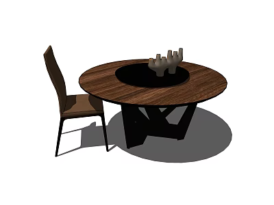 Round Wooden Dining Table With Black Center And Candle Holders Plus Matching Chair 3d model