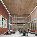Modern Shop Front Desk With Marble Walls Wooden Ceiling Chandelier Green Plants And Large Windows
