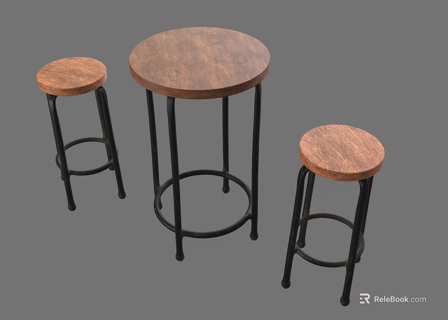 Bar Counter Table With Wooden Round Top Black Metal Legs And Two Stools 3d model 
