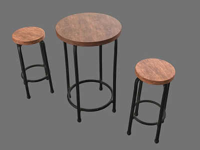 Bar Counter Table With Wooden Round Top Black Metal Legs And Two Stools 3d model