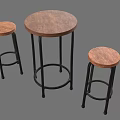 Bar Counter Table With Wooden Round Top Black Metal Legs And Two Stools