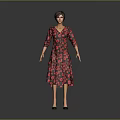 Woman in Red Floral V neck Mid sleeve Dress Standing on Gray Background