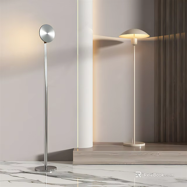 Modern Floor Lamps With Silver Metal Pole White Base And Beige Lampshade In Minimalist Interior 3d model 