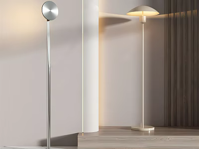 Modern Floor Lamps With Silver Metal Pole White Base And Beige Lampshade In Minimalist Interior 3d model