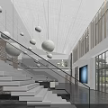 Modern Front Desk Reception Area With White Circular Pendant Lights Brick Wall And Large Windows