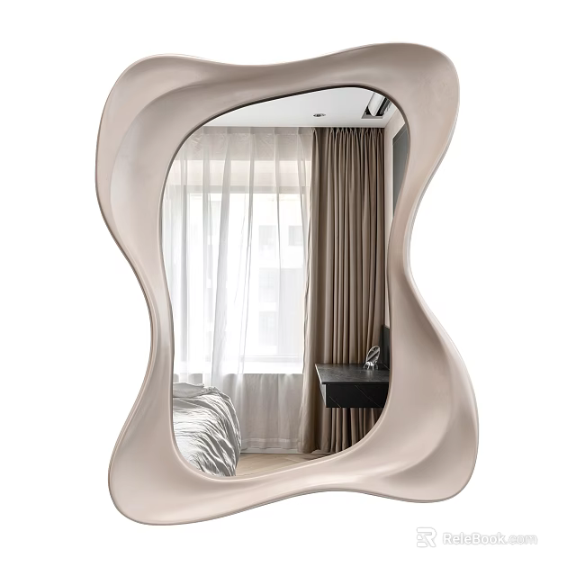 Wavy Shaped Beige Mirror Reflecting Bedroom Window Curtains Bed And Desk 3d model 