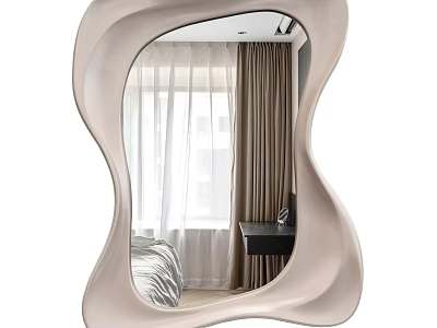Wavy Shaped Beige Mirror Reflecting Bedroom Window Curtains Bed And Desk 3d model