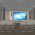 Modern Conference Room Interior Design With Neatly Arranged White Chairs Large Screen And Ceiling Lights