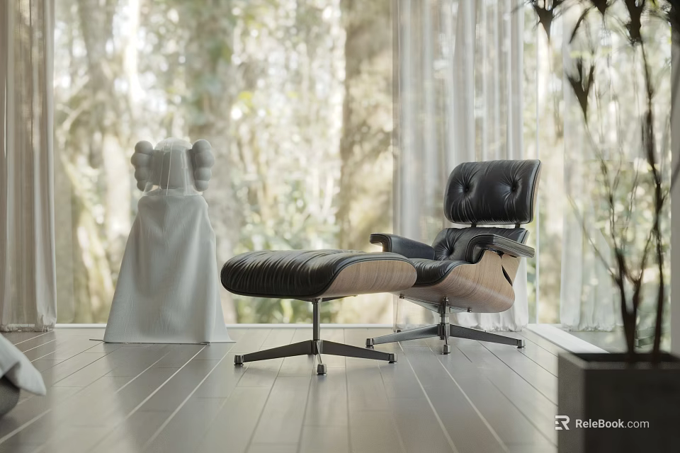 Modern Black Leather Lounge Chair With Wooden Armrests By Window In Natural Light 3d model 