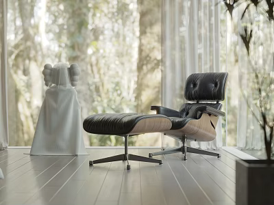 Modern Black Leather Lounge Chair With Wooden Armrests By Window In Natural Light 3d model