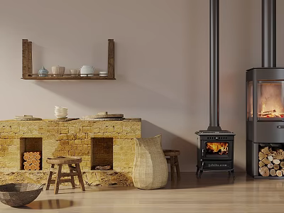 Rustic Kitchenware Display With Stone Countertop Wooden Shelf And Earthenware Jar 3d model