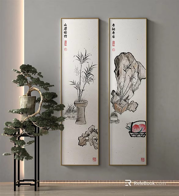 Chinese Interior Decor With Bamboo Rock Paintings And Pine Plant 3d model