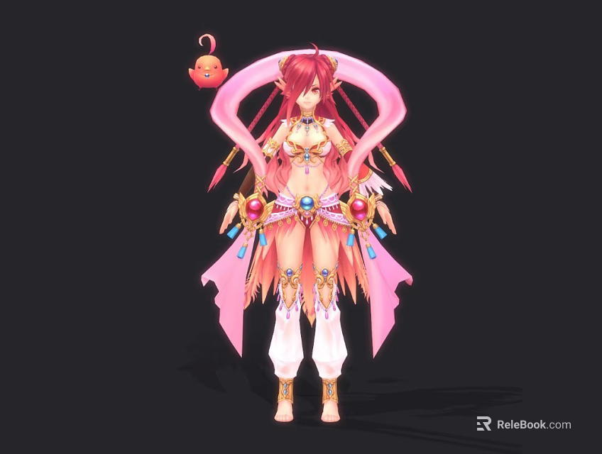 Fantasy Character With Pink Long Hair And Red Small Creature Companion 3d model 