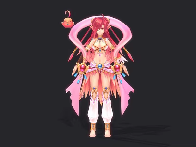 Fantasy Character With Pink Long Hair And Red Small Creature Companion 3d model