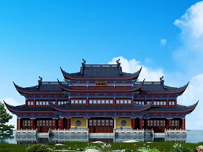 Traditional Chinese Ancient Architecture With Multi Tiered Dark Roof Red Pillars And Lush Greenery 3d model