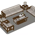 Wooden Frame Sofa Coffee Table Set With Light Colored Cushions And Side Tables 3d model