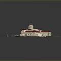 Cartoon Scene of Building Complex With Red Roofs Tower Plaza Roads And Green Areas