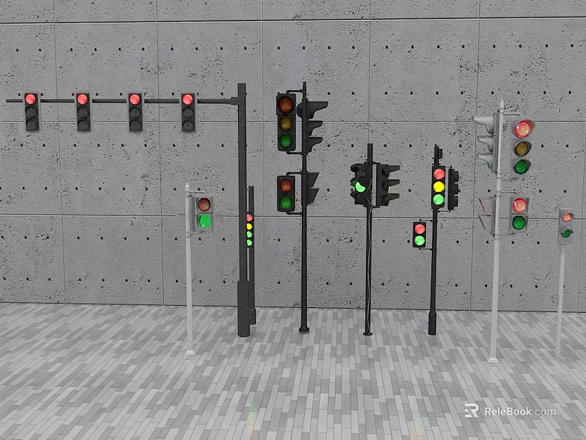 Different Traffic Signals With Green Lights And Various Structures In Grey Wall Background 3d model