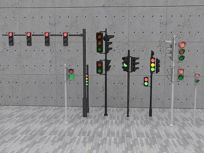 Different Traffic Signals With Green Lights And Various Structures In Grey Wall Background 3d model