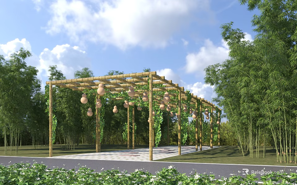 Wooden Pergola With Gourd Decorations Climbing Vines And Bamboo Forest Background 3d model 