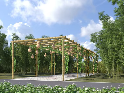 Wooden Pergola With Gourd Decorations Climbing Vines And Bamboo Forest Background 3d model