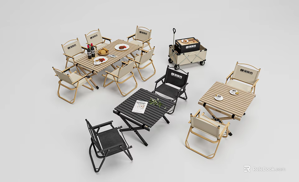 Outdoor Table Set With Beige And Black Foldable Chairs And Portable Grill For Patio 3d model 