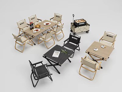 Outdoor Table Set With Beige And Black Foldable Chairs And Portable Grill For Patio 3d model