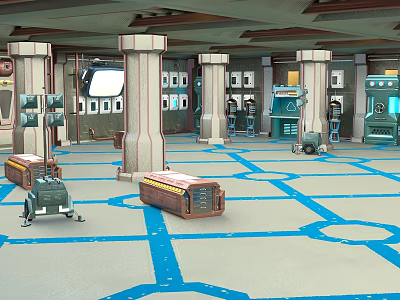 Cartoon Control Room Interior With Tall Pillars Blue Lined Floor And Equipment Crates 3d model