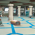Cartoon Control Room Interior With Tall Pillars Blue Lined Floor And Equipment Crates