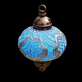 Stained Glass Lantern With Intricate Blue Patterns And Brass Metal Frame